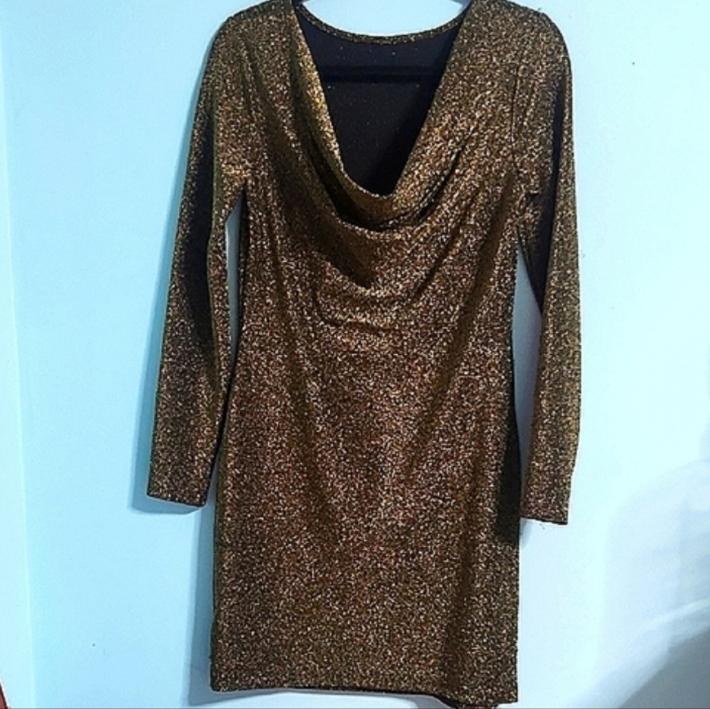 Michael Kors Gold Long Sleeve Cowl Neck Sheath Dress